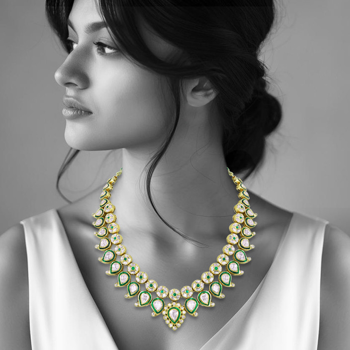 Green Enamel Polki Necklace with Bud Design